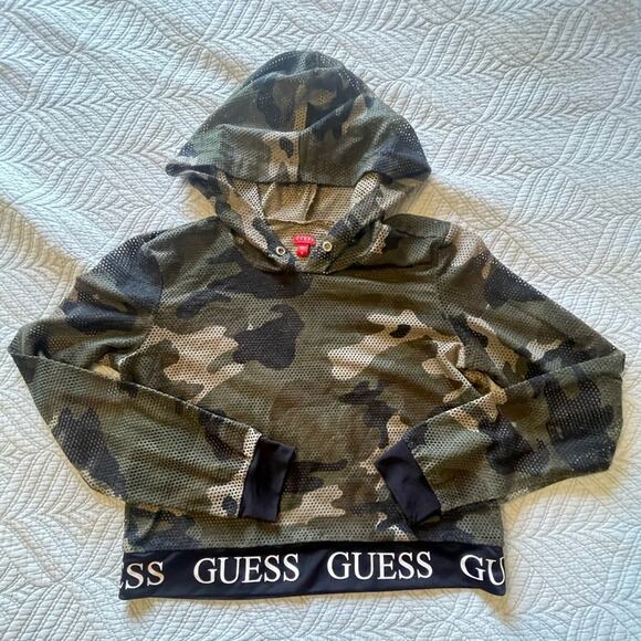 Guess Los Angeles Army Camo Mesh Cropped Y2K Street Style Long Sleeve Hoodie Med - Picture 1 of 8